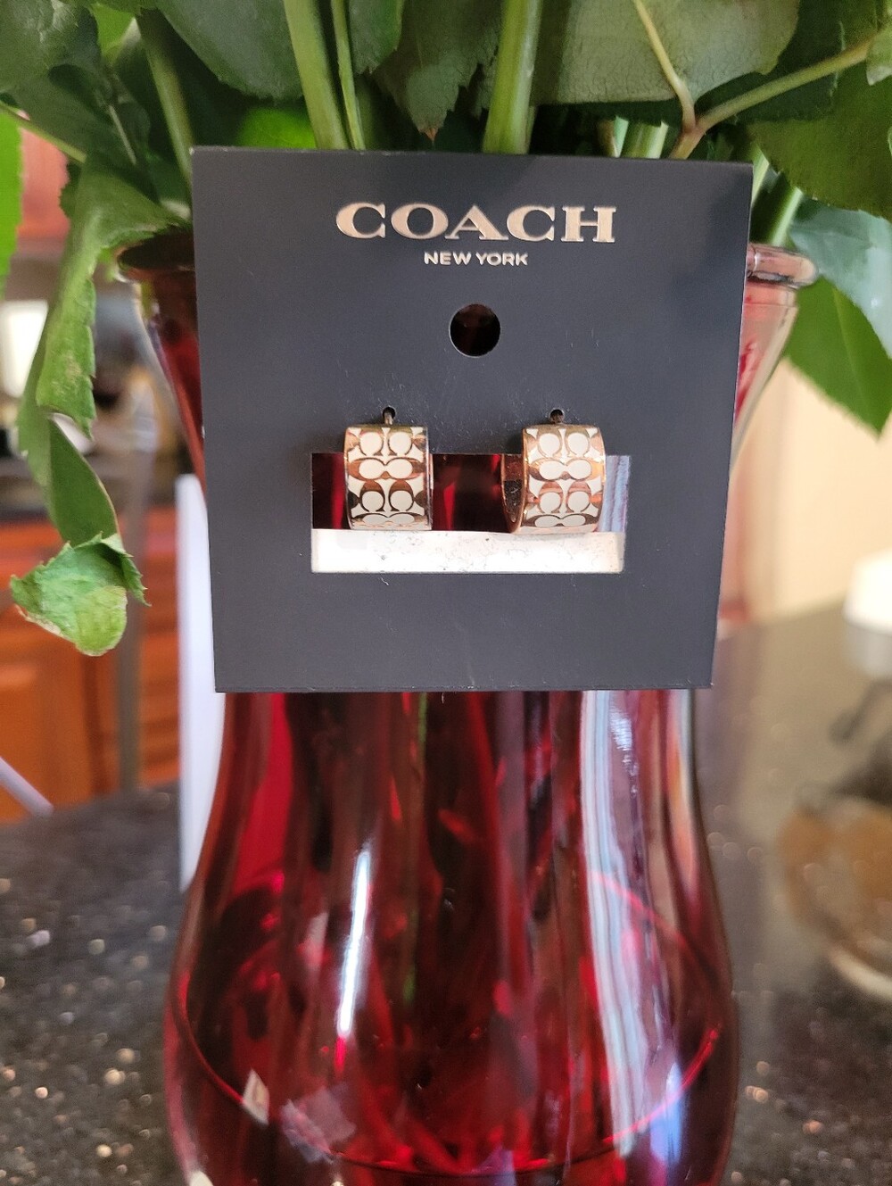 Coach Signature "C" Cream & Rose Gold Hoop Earrings - Picture 3 of 6